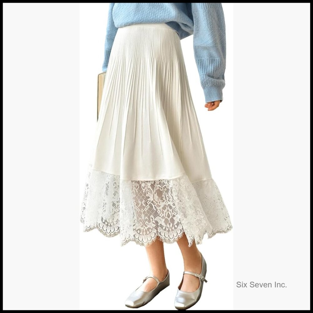 Elastic High Waist Knitted Lace Stitching Midi Skirt